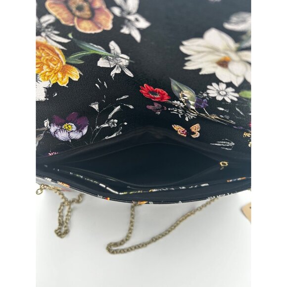 KELLY & KATIE BLACK FLORAL CLUTCH CROSSBODY PURSE W/ GOLD PLATED CHAIN STRAP - Picture 6 of 6